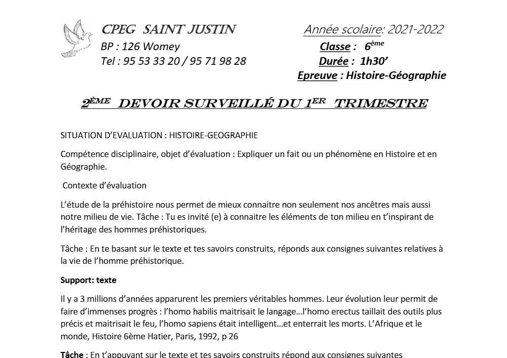 Aperçu de la première page — Histoire Géographie 6e Devoir 2 Trimestre 1 CPEG Saint Justin 2021 2022