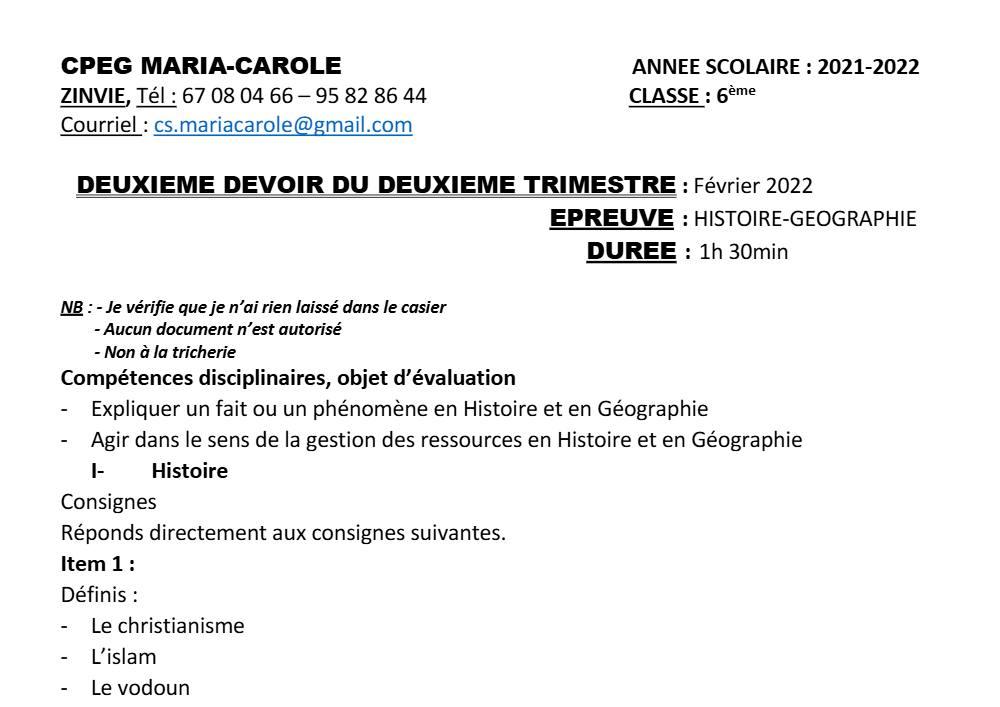Aperçu de la première page — Histoire Géographie 6e Devoir 2 Trimestre 2 CPEG Maria Carole 2021 2022 (2)