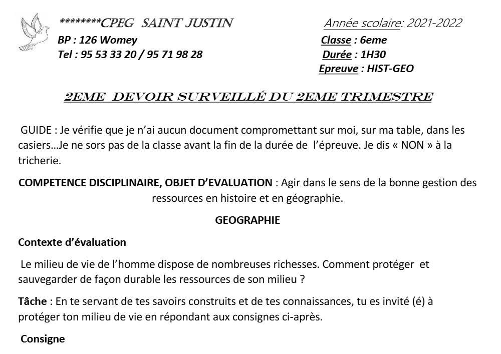 Aperçu de la première page — Histoire Géographie 6e Devoir 2 Trimestre 2 CPEG Saint Justin 2021 2022