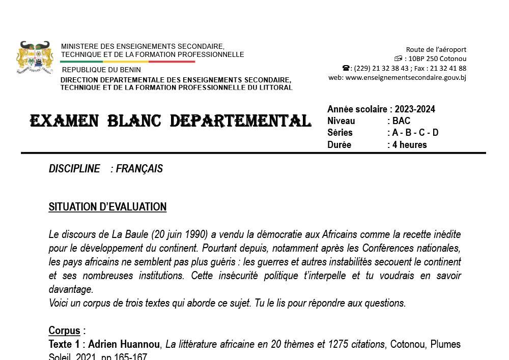 Aperçu de la première page — BAC BLANC LITTORAL - Français A B C D