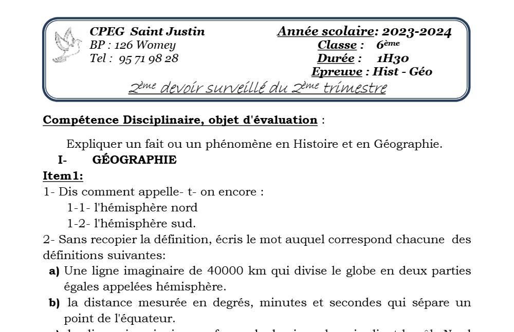 Aperçu de la première page — Histoire Géographie 6e Devoir 2 Trimestre 2 CPEG Saint Justin 2023 2024