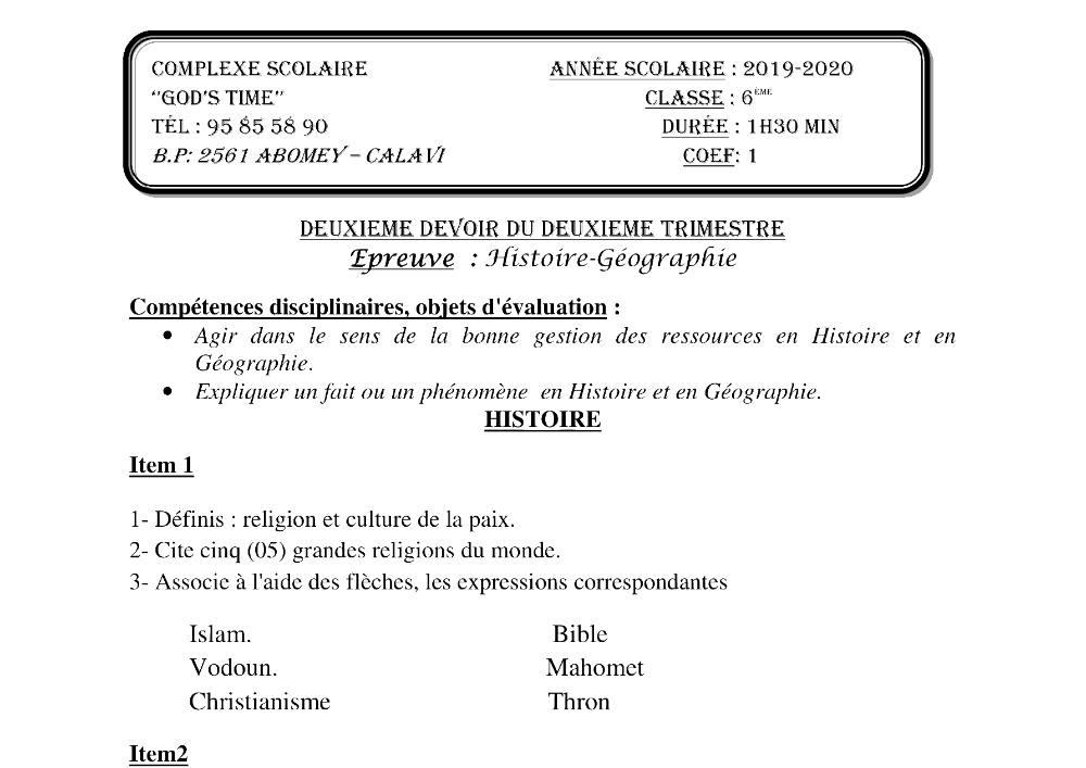 Aperçu de la première page — Histoire Géographie 6e Devoir 2 Trimestre 2 CS God'S Time 2019 2020