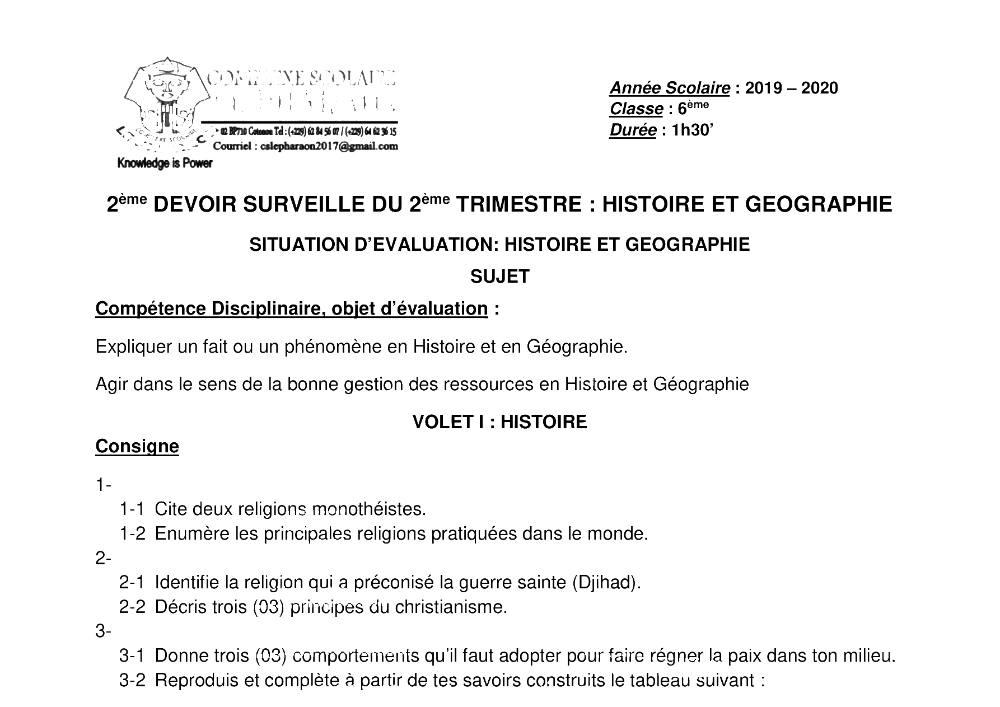 Aperçu de la première page — Histoire Géographie 6e Devoir 2 Trimestre 2 CS Le Pharaon 2019 2020