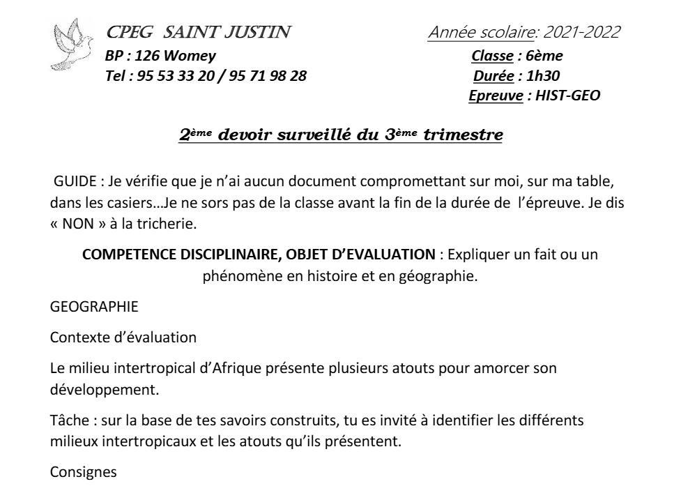 Aperçu de la première page — Histoire Géographie 6e Devoir 2 Trimestre 3 CPEG Saint Justin 2021 2022