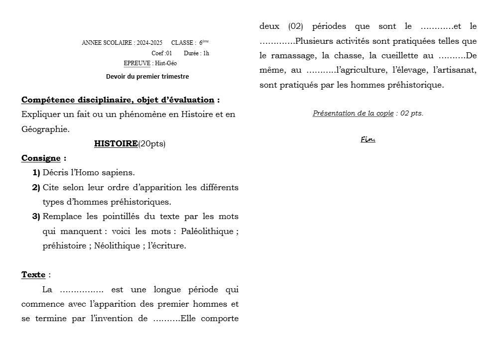 Aperçu de la première page — Histoire Géographie 6e Devoir Trimestre 1 2024 2025