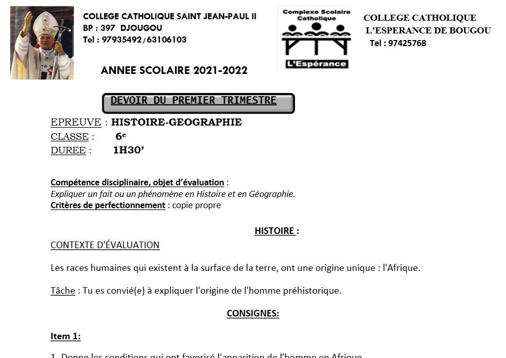 Aperçu de la première page — Histoire Géographie 6e Devoir Trimestre 1 Collège Catholique 2021 2022