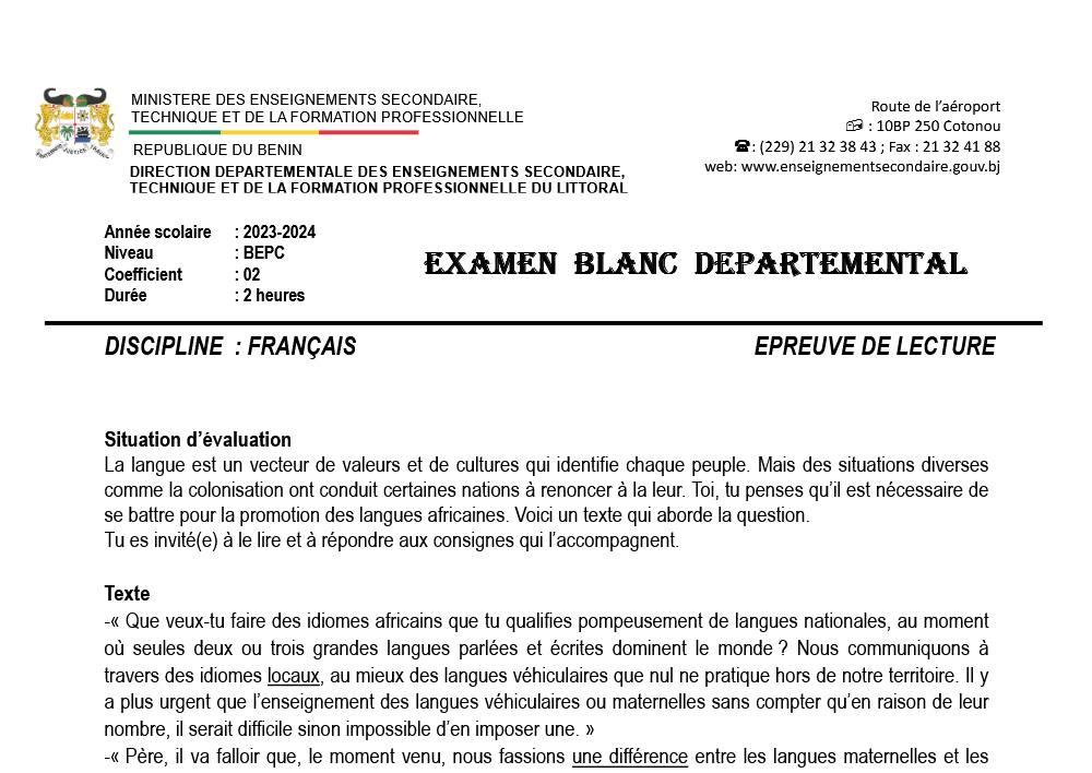 Aperçu de la première page — BEPC BLANC LITTORAL - LECTURE