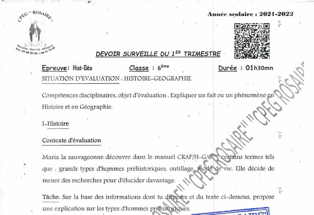 Aperçu de la première page — Histoire Géographie 6e Devoir Trimestre 1 CPEG Le Rosaire 2021 2022