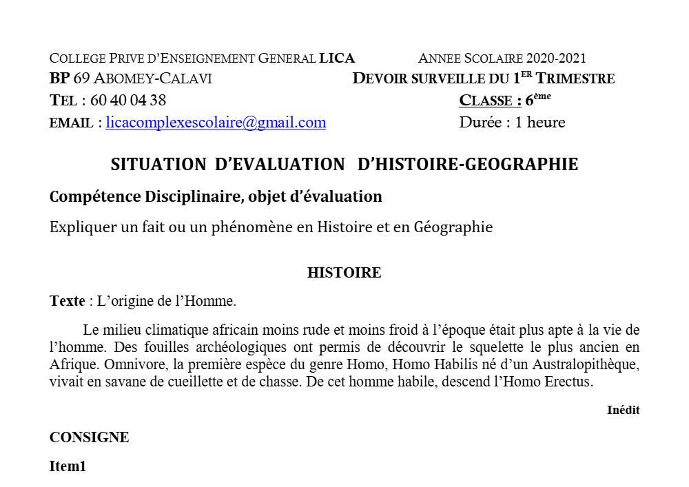 Aperçu de la première page — Histoire Géographie 6e Devoir Trimestre 1 CPEG Lica 2020 2021