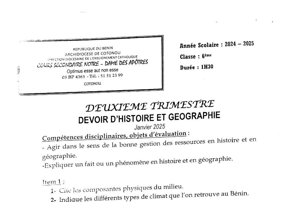 Aperçu de la première page — Histoire Géographie 6e Devoir Trimestre 2 Classe de 6ᵉ, CS Notre‑Dame des Apôtres, Janvier 2025 Janvier 2025
