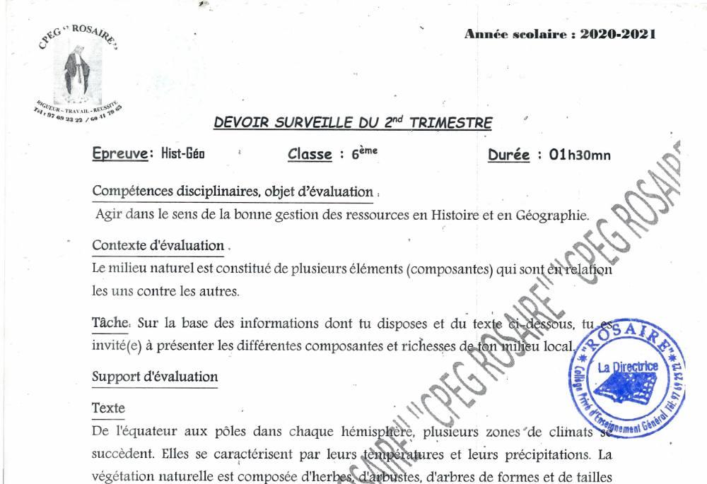 Aperçu de la première page — Histoire Géographie 6e Devoir Trimestre 2 CPEG Le Rosaire 2020 2021