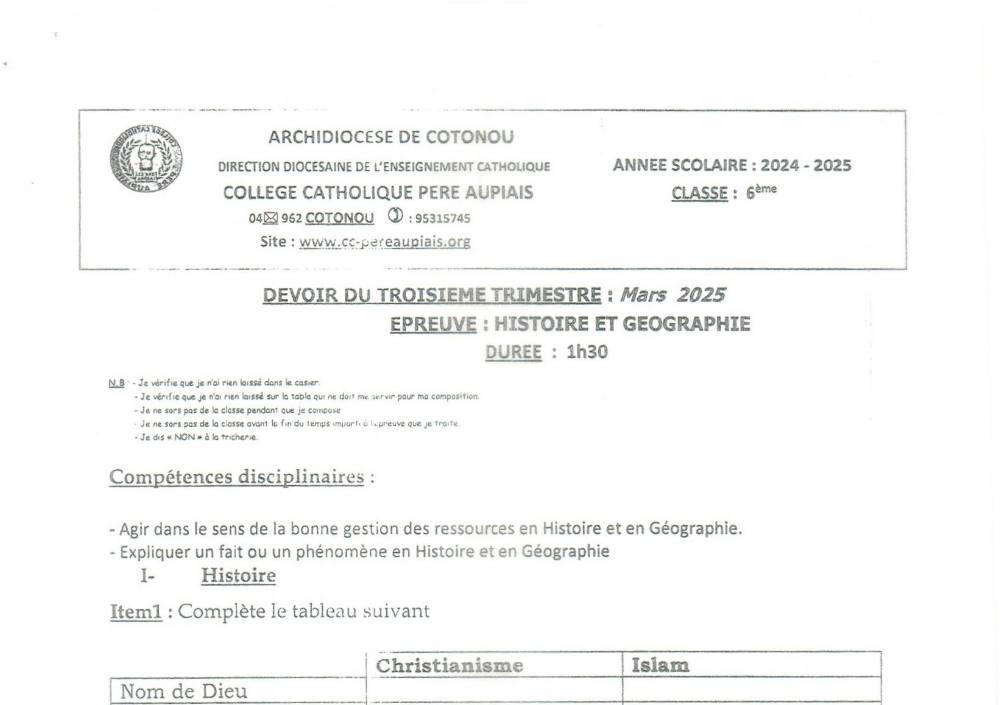Aperçu de la première page — Histoire Géographie 6e Devoir Trimestre 3 Collège Père Aupiais Mars 2025