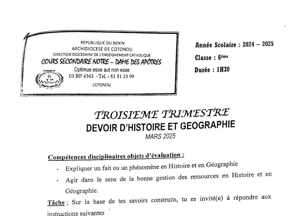 Aperçu de la première page — Histoire Géographie 6e Devoir Trimestre 3 Cours Secondaire Notre Dame des Apôtres Mars 2025