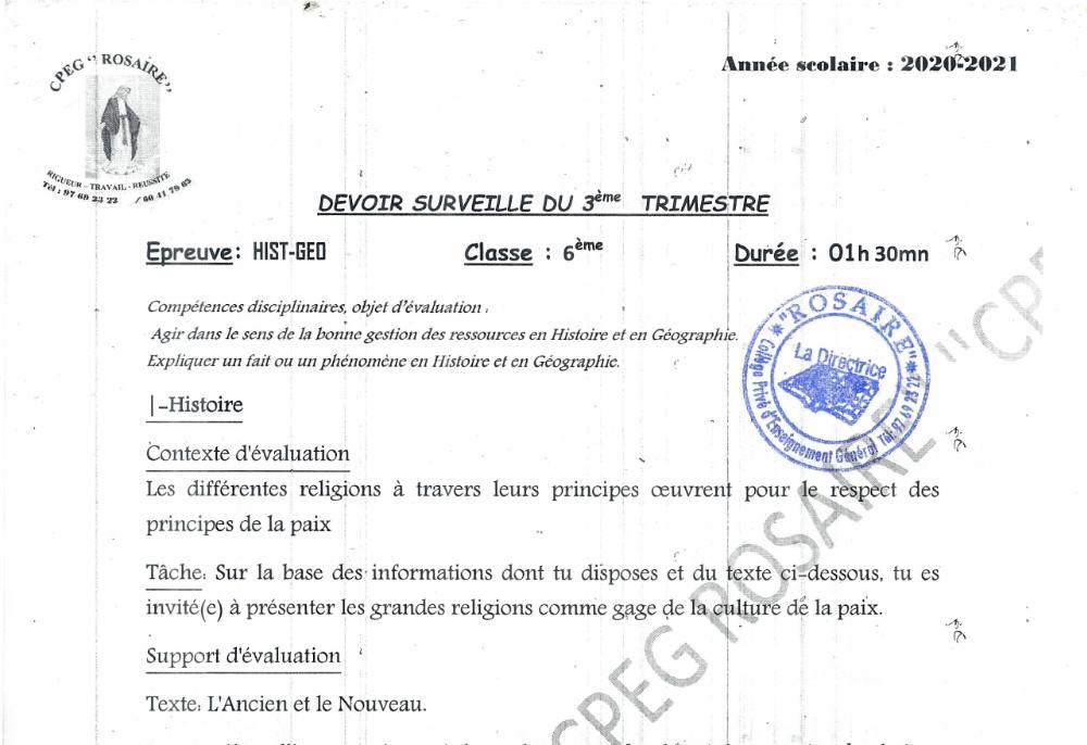 Aperçu de la première page — Histoire Géographie 6e Devoir Trimestre 3 CPEG Le Rosaire 2020 2021