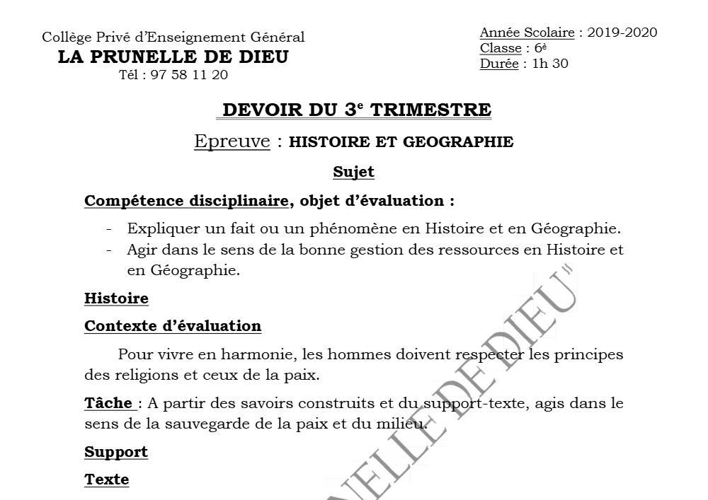 Aperçu de la première page — Histoire Géographie 6e Devoir Trimestre 3 CP La Prunelle de Dieu 2019 2020