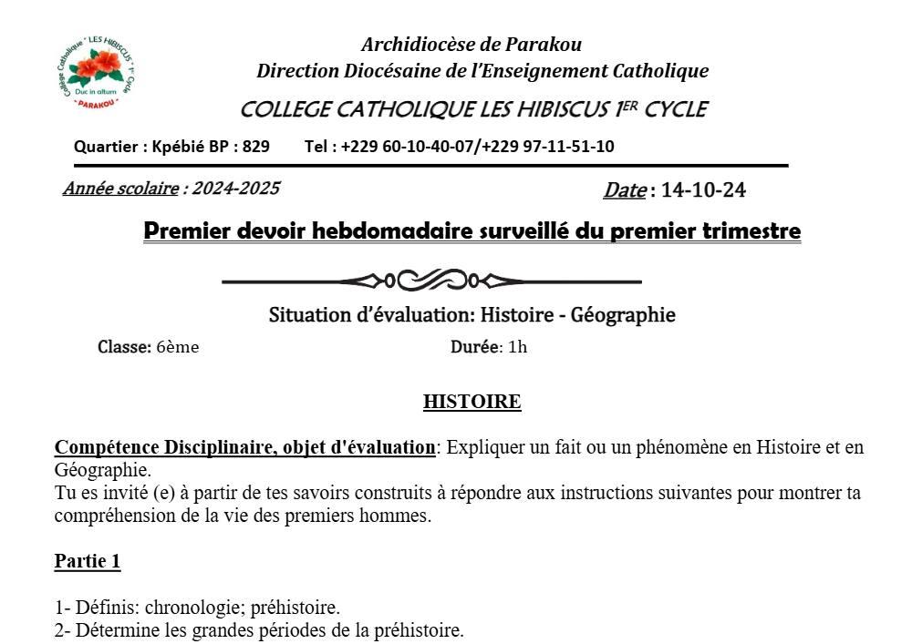 Aperçu de la première page — Histoire-Géographie Collège — 1er trimestre 2024