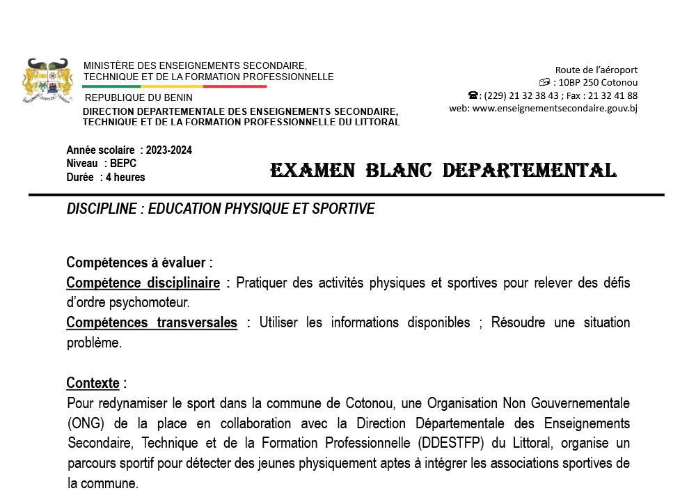 Aperçu de la première page — BEPC BLANC LITTORAL - EPS