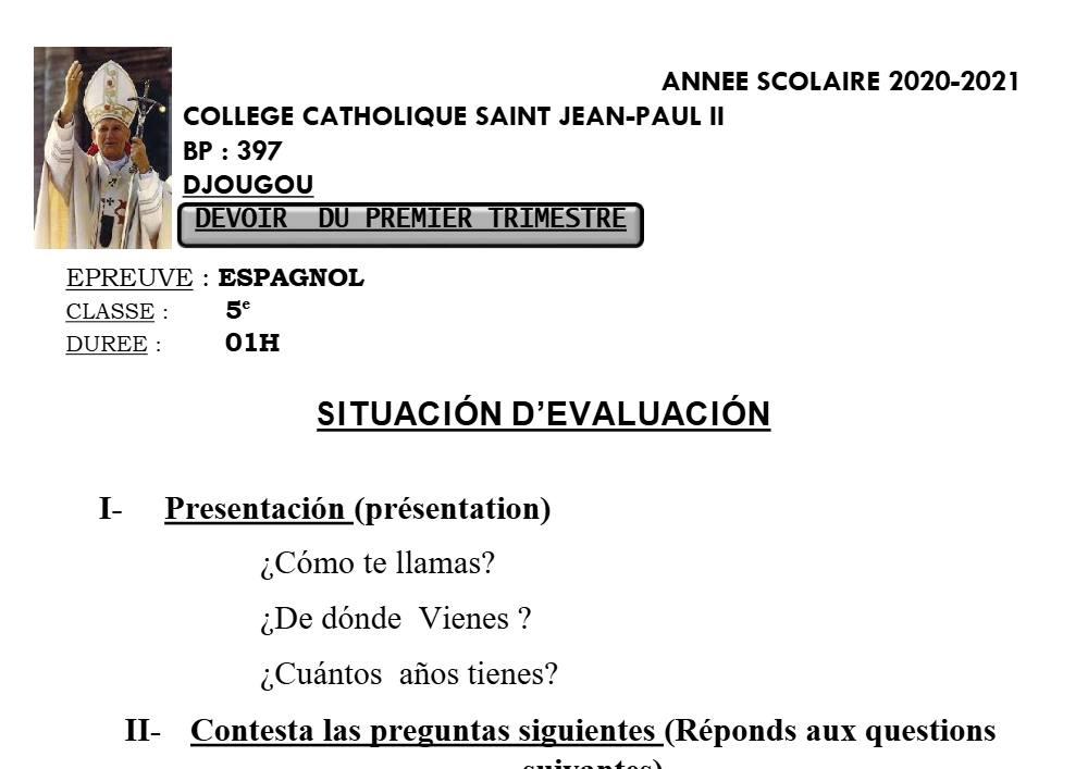 Aperçu de la première page — Espagnol 5e Devoir Trimestre 1 CPEG Saint Jean Paul2 2020 2021