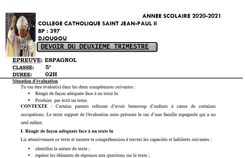 Aperçu de la première page — Espagnol 5e Devoir Trimestre 2 CPEG Saint Jean Paul2 2020 2021