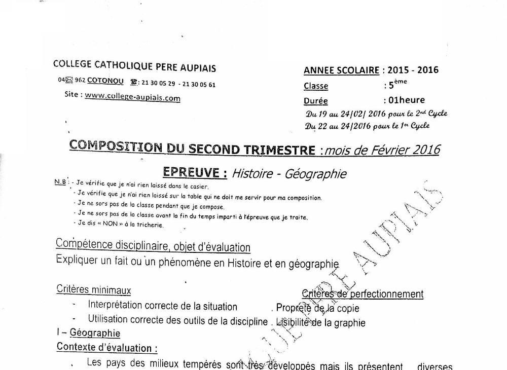 Aperçu de la première page — Histoire Géographie 5e Composition Trimestre 2 Collège Catholique Père Aupais 2015 2016