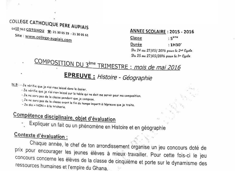 Aperçu de la première page — Histoire Géographie 5e Composition Trimestre 3 Collège Catholique Père Aupais 2015 2016