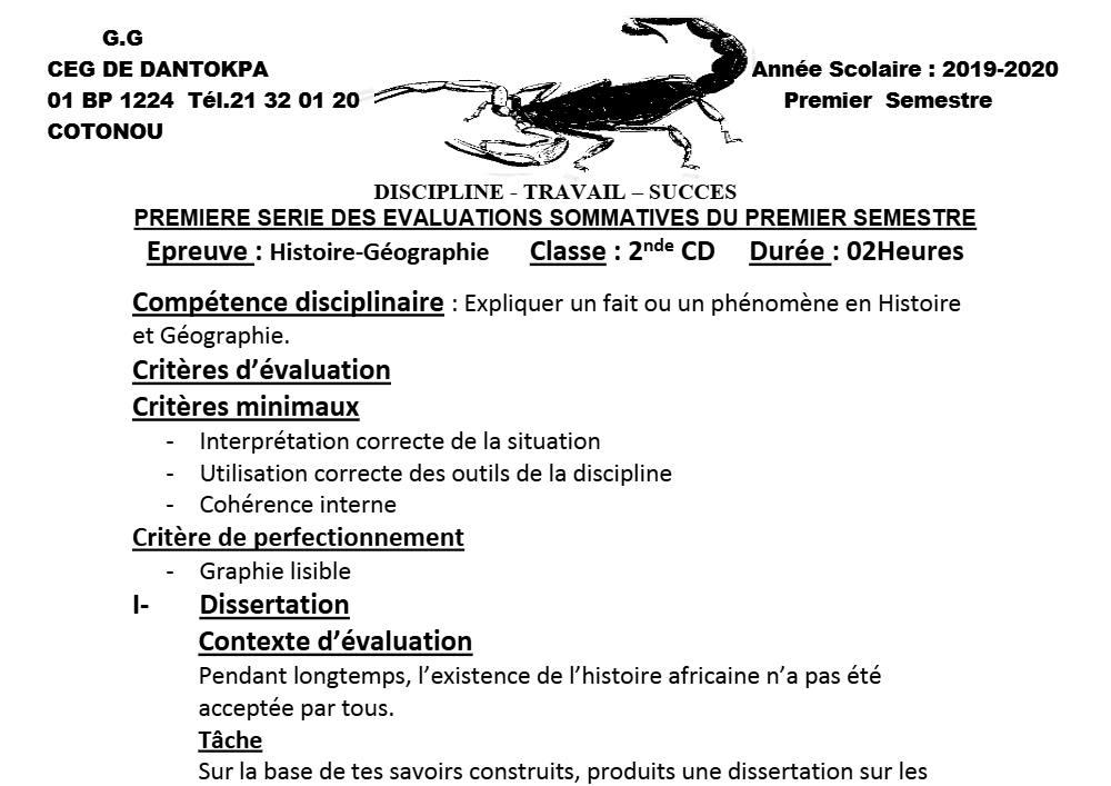 Aperçu de la première page — Histoire Géographie 5e Devoir 1 Semestre 1 2nde C D CEG Dantokpa 2019 2020