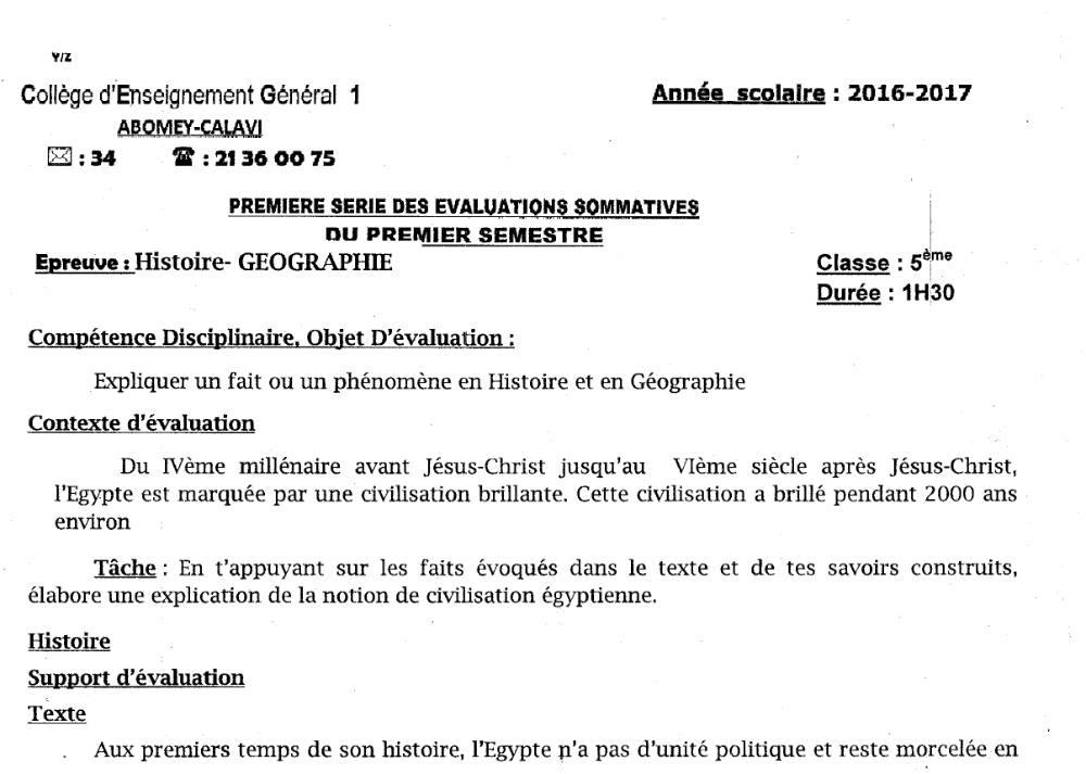 Aperçu de la première page — Histoire Géographie 5e Devoir 1 Semestre 1 CEG1 Abomey 2016 2017