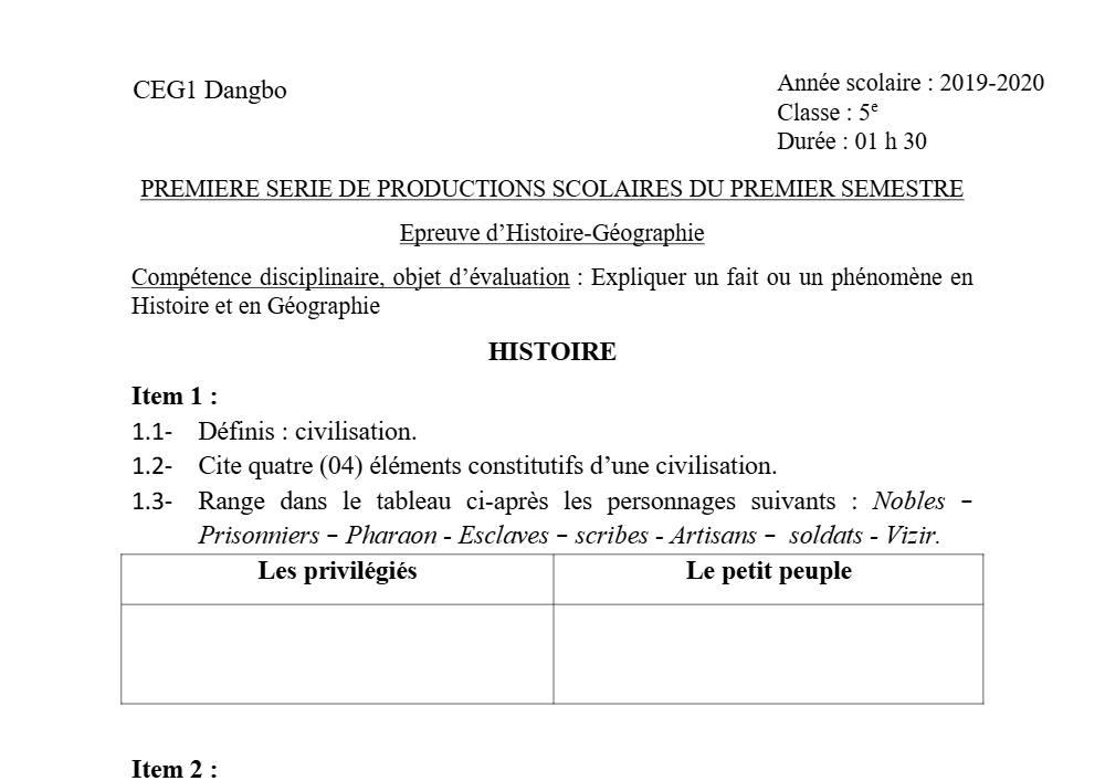 Aperçu de la première page — Histoire Géographie 5e Devoir 1 Semestre 1 CEG1 Dangbo 2019 2020