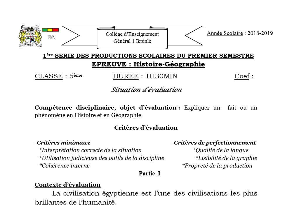 Aperçu de la première page — Histoire Géographie 5e Devoir 1 Semestre 1 CEG1 Ikpinlè 2018 2019