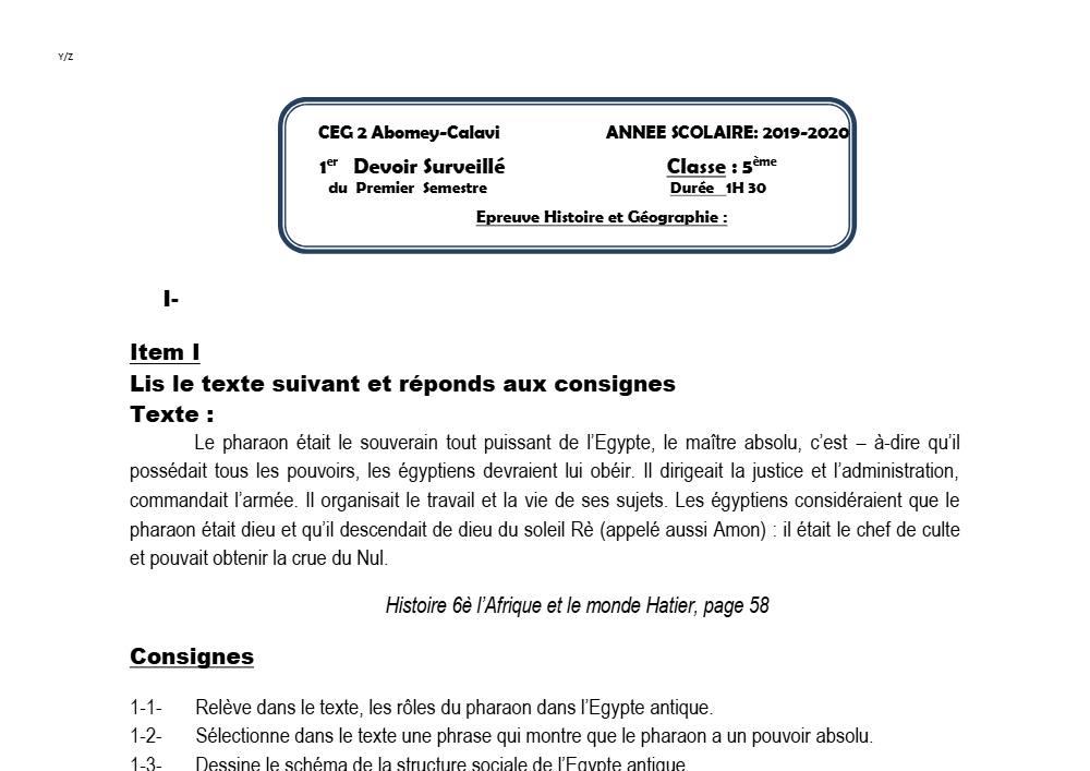 Aperçu de la première page — Histoire Géographie 5e Devoir 1 Semestre 1 CEG2 Abomey Calavi 2019 2020