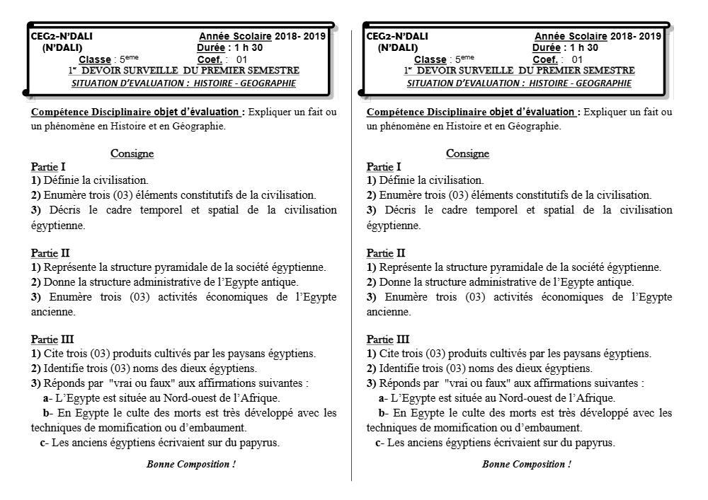 Aperçu de la première page — Histoire Géographie 5e Devoir 1 Semestre 1 CEG2 N'Dali 2018 2019