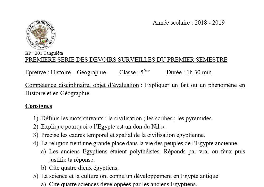 Aperçu de la première page — Histoire Géographie 5e Devoir 1 Semestre 1 CEG2 Tanguieta 2018 2019