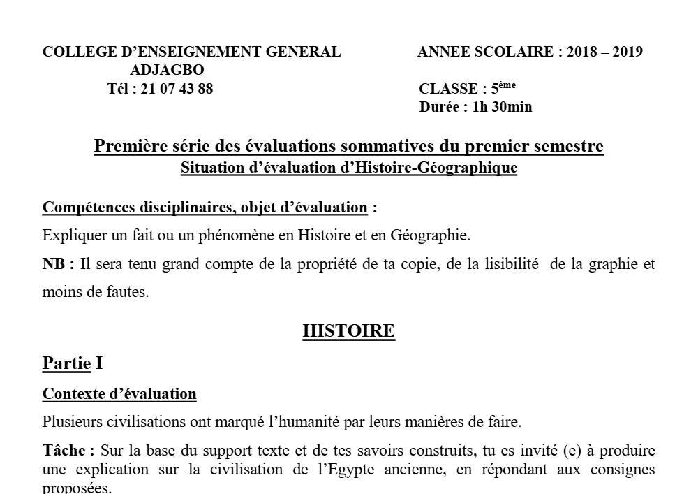 Aperçu de la première page — Histoire Géographie 5e Devoir 1 Semestre 1 CEG Adjagbo 2018 2019