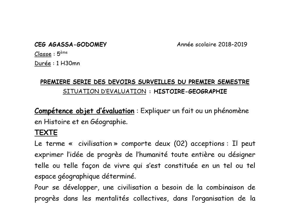 Aperçu de la première page — Histoire Géographie 5e Devoir 1 Semestre 1 CEG Agassa Godomey 2018 2019