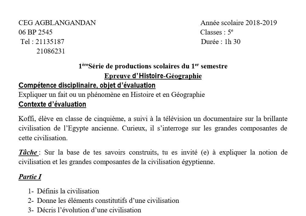 Aperçu de la première page — Histoire Géographie 5e Devoir 1 Semestre 1 CEG Agblangandan 2018 2019