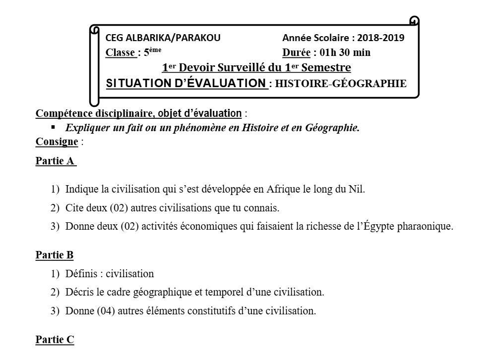 Aperçu de la première page — Histoire Géographie 5e Devoir 1 Semestre 1 CEG Albarika 2018 2019