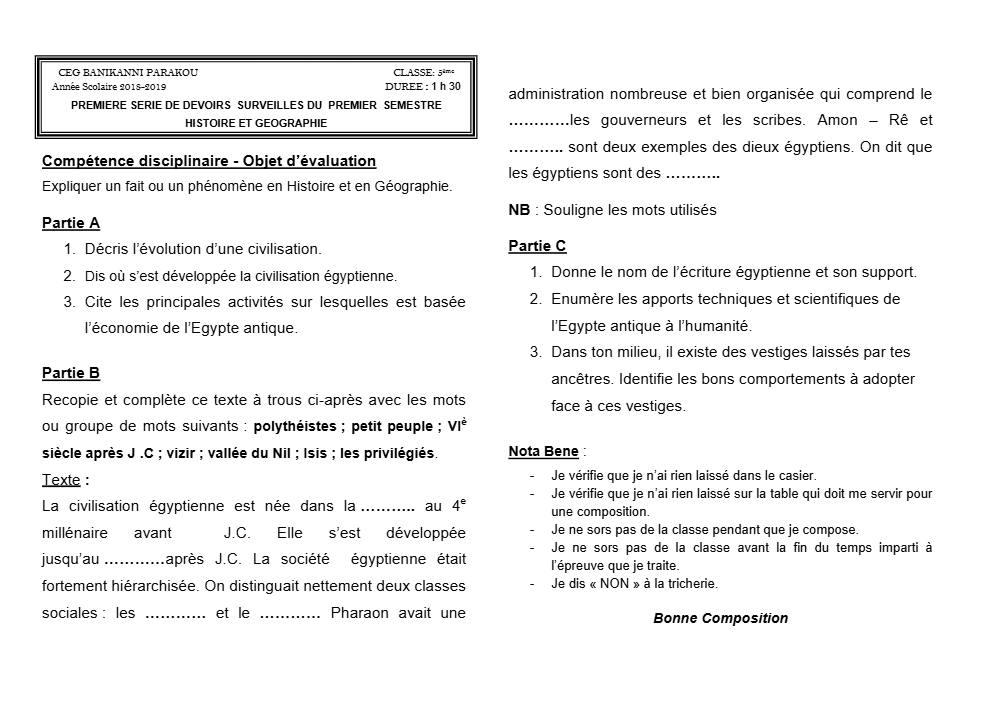 Aperçu de la première page — Histoire Géographie 5e Devoir 1 Semestre 1 CEG Banikanni 2018 2019