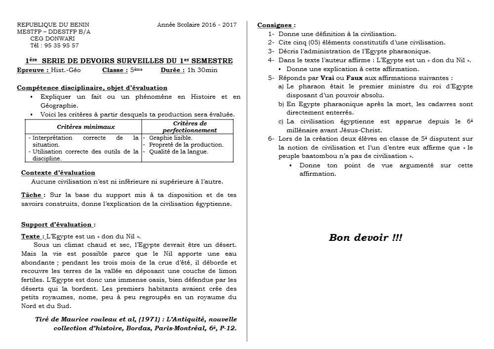 Aperçu de la première page — Histoire Géographie 5e Devoir 1 Semestre 1 CEG Donwari 2018 2019