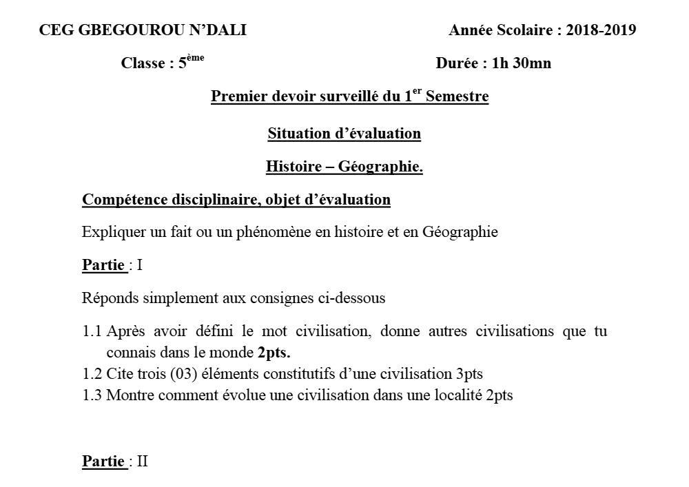 Aperçu de la première page — Histoire Géographie 5e Devoir 1 Semestre 1 CEG Gbegourou 2018 2019