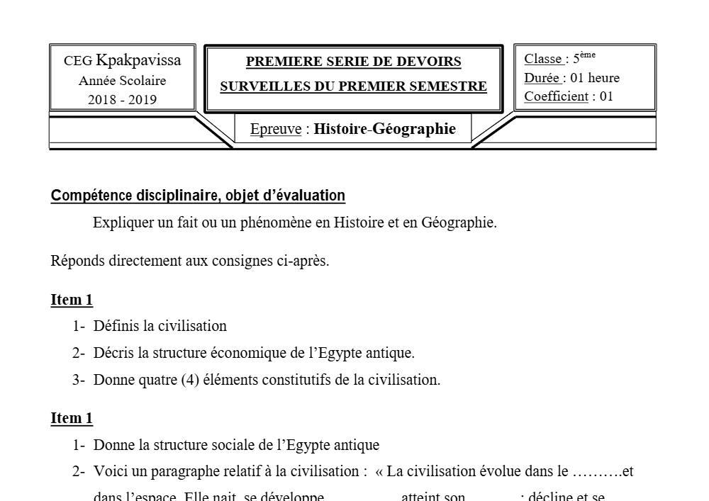 Aperçu de la première page — Histoire Géographie 5e Devoir 1 Semestre 1 CEG Kpakpavissa 2018 2019