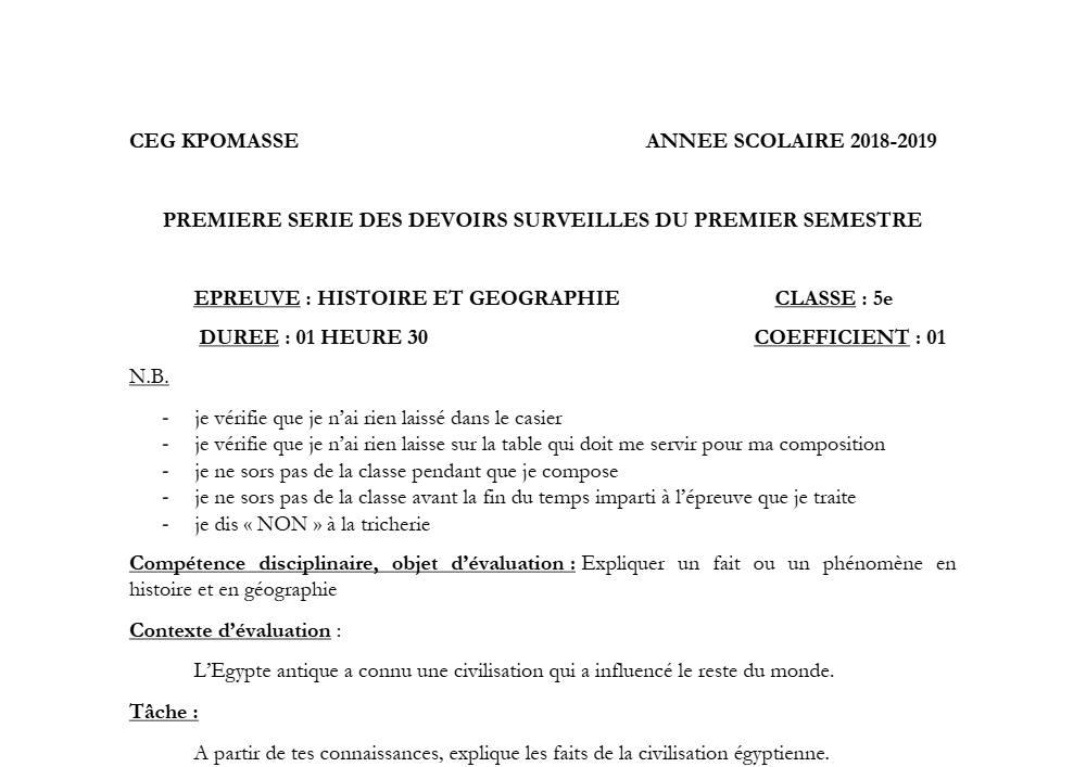 Aperçu de la première page — Histoire Géographie 5e Devoir 1 Semestre 1 CEG Kpomasse 2018 2019