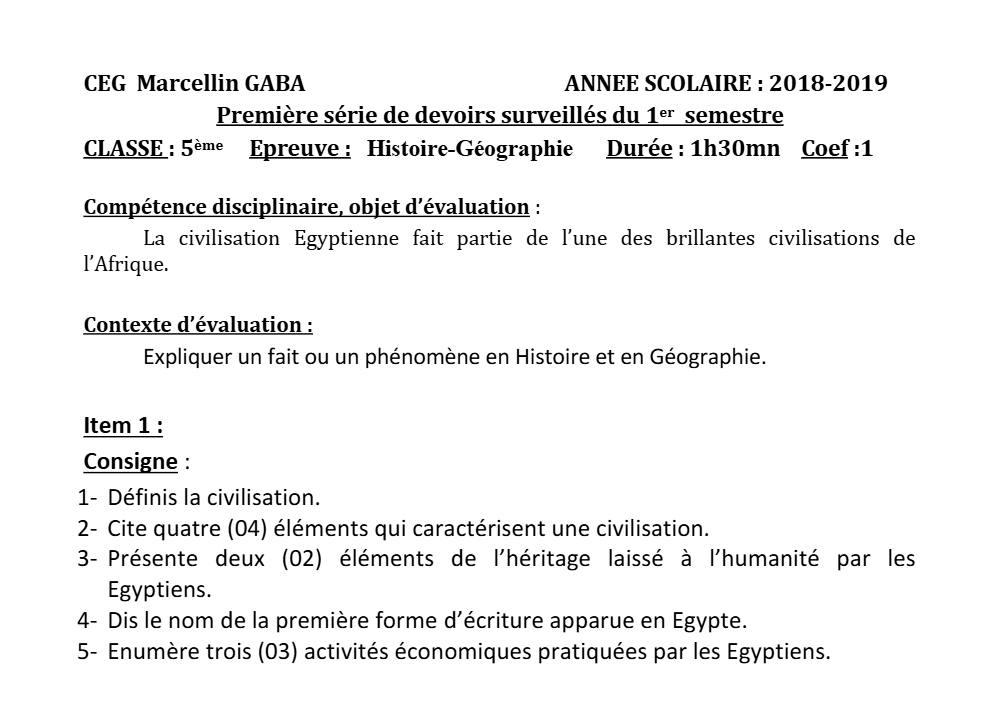 Aperçu de la première page — Histoire Géographie 5e Devoir 1 Semestre 1 CEG Marcellin Gaba 2018 2019
