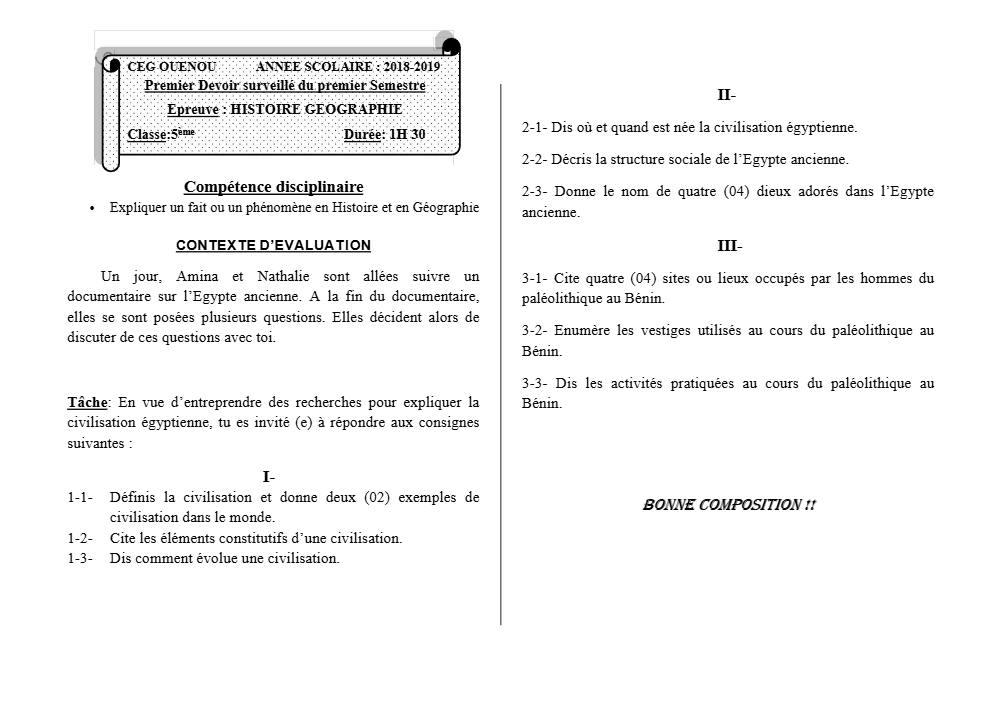Aperçu de la première page — Histoire Géographie 5e Devoir 1 Semestre 1 CEG Ouenou 2018 2019