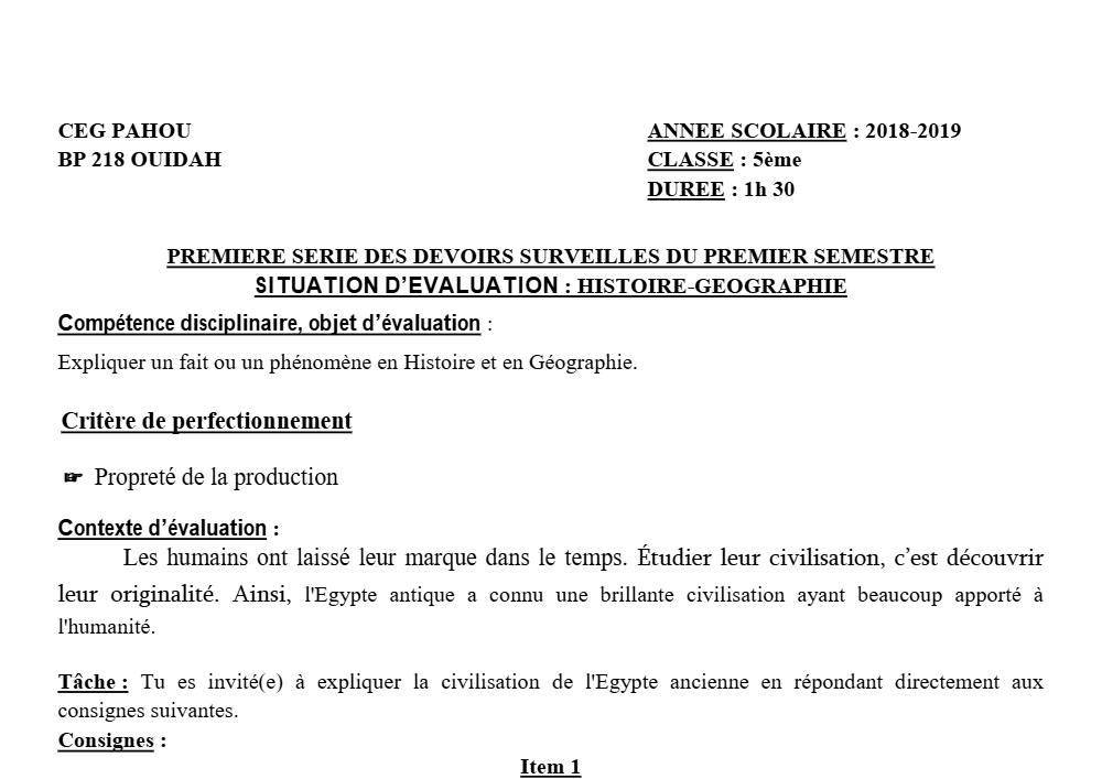 Aperçu de la première page — Histoire Géographie 5e Devoir 1 Semestre 1 CEG Pahou 2018 2019