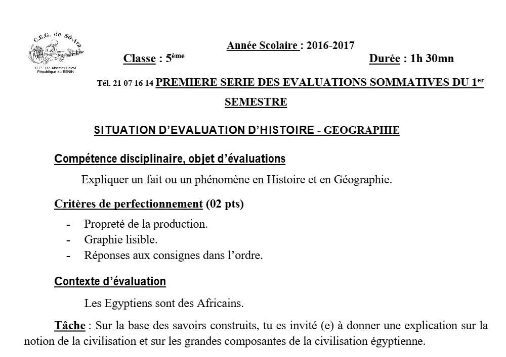 Aperçu de la première page — Histoire Géographie 5e Devoir 1 Semestre 1 CEG So Ava 2018 2019