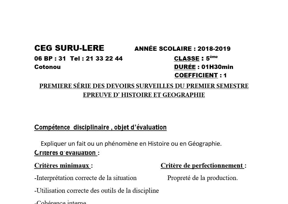 Aperçu de la première page — Histoire Géographie 5e Devoir 1 Semestre 1 CEG Suru Léré 2018 2019