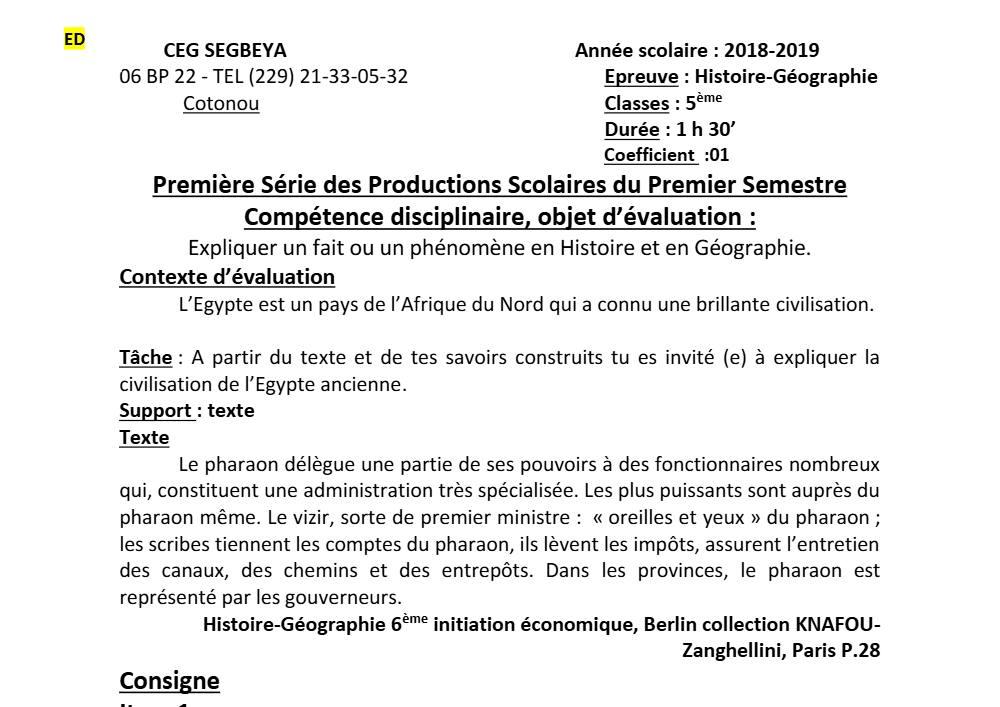 Aperçu de la première page — Histoire Géographie 5e Devoir 1 Semestre 1 CEG Ségbéya 2018 2019