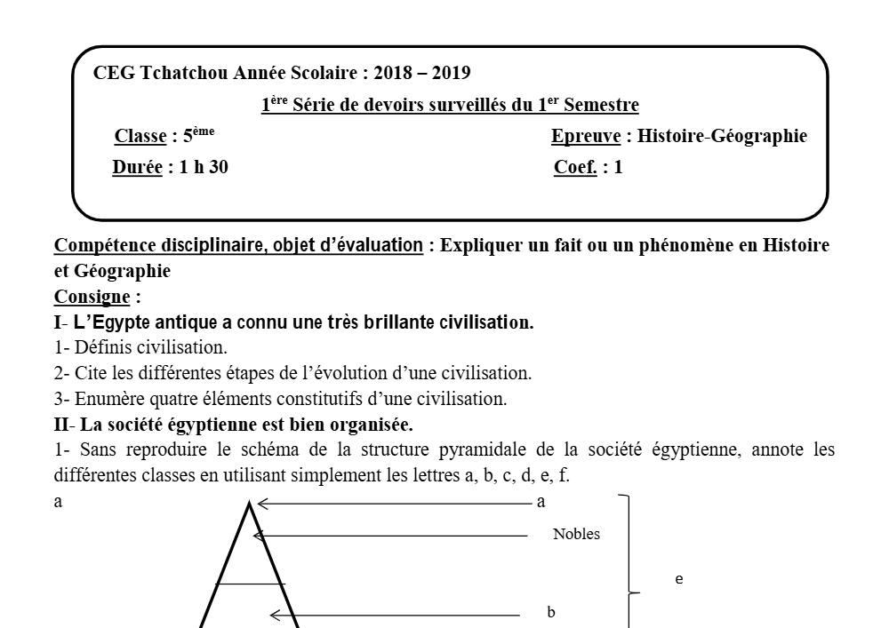 Aperçu de la première page — Histoire Géographie 5e Devoir 1 Semestre 1 CEG Tchatchou 2018 2019
