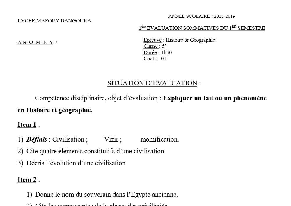Aperçu de la première page — Histoire Géographie 5e Devoir 1 Semestre 1 Lycée Mafory Bangoura 2018 2019