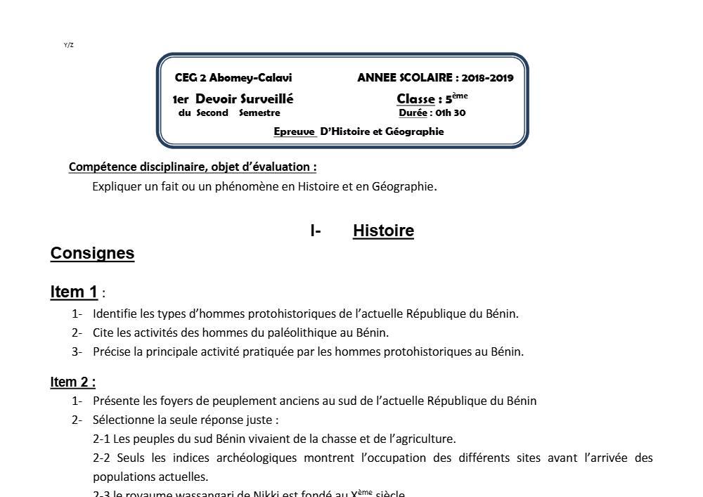 Aperçu de la première page — Histoire Géographie 5e Devoir 1 Semestre 2 CEG2 Abomey Calavi 2018 2019